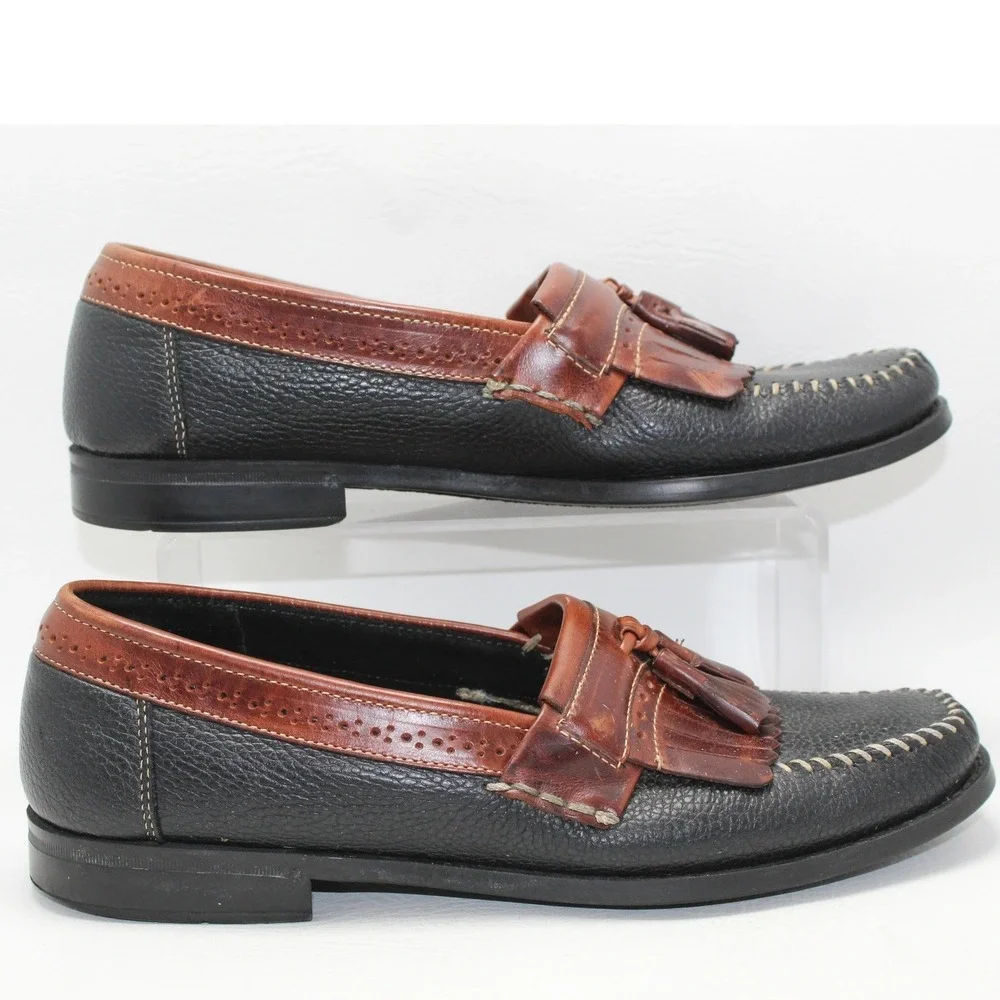 GH Bass Weejuns Mens 10D Black Brown Pebbled Leather Tassel Kiltie Loafers‎ 0035